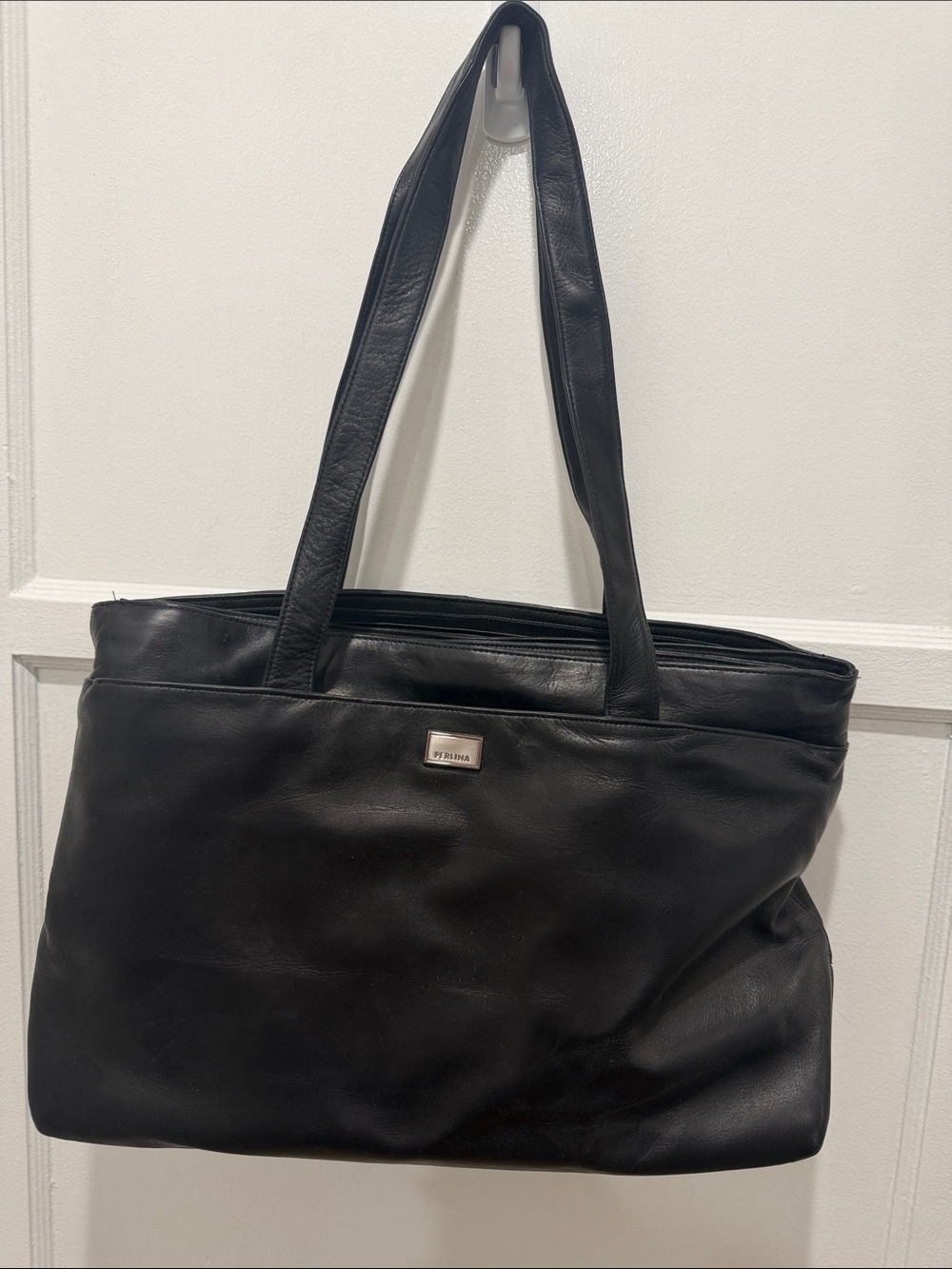 Perlina Black Leather Zip-Top Tote